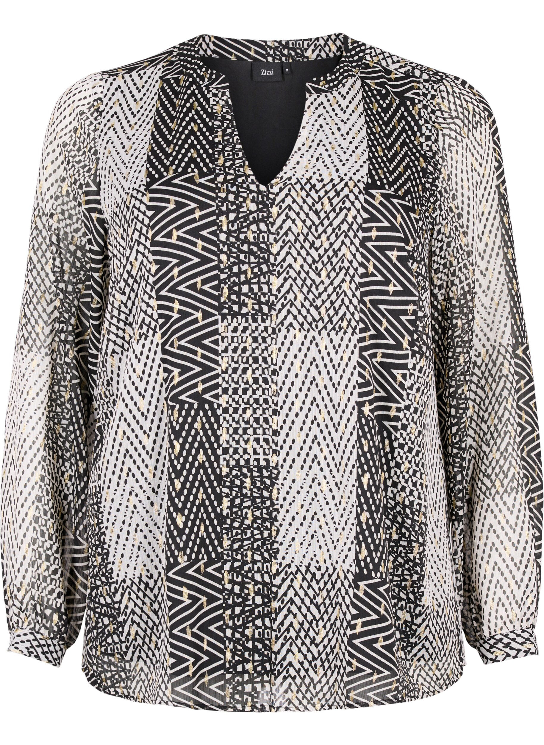 Zizzi Bedrukte blouse met V-halslijn, Zwart, Packshot image number 0