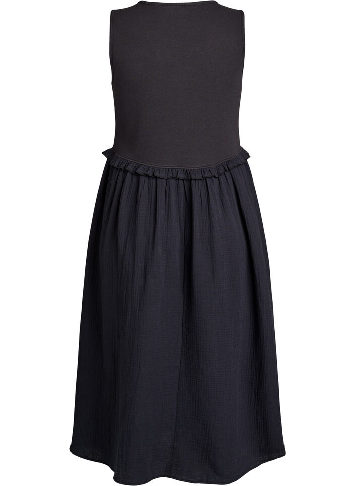 Mouwloze katoenen midi-jurk met rib en mousseline, Zwart, Packshot image number 1