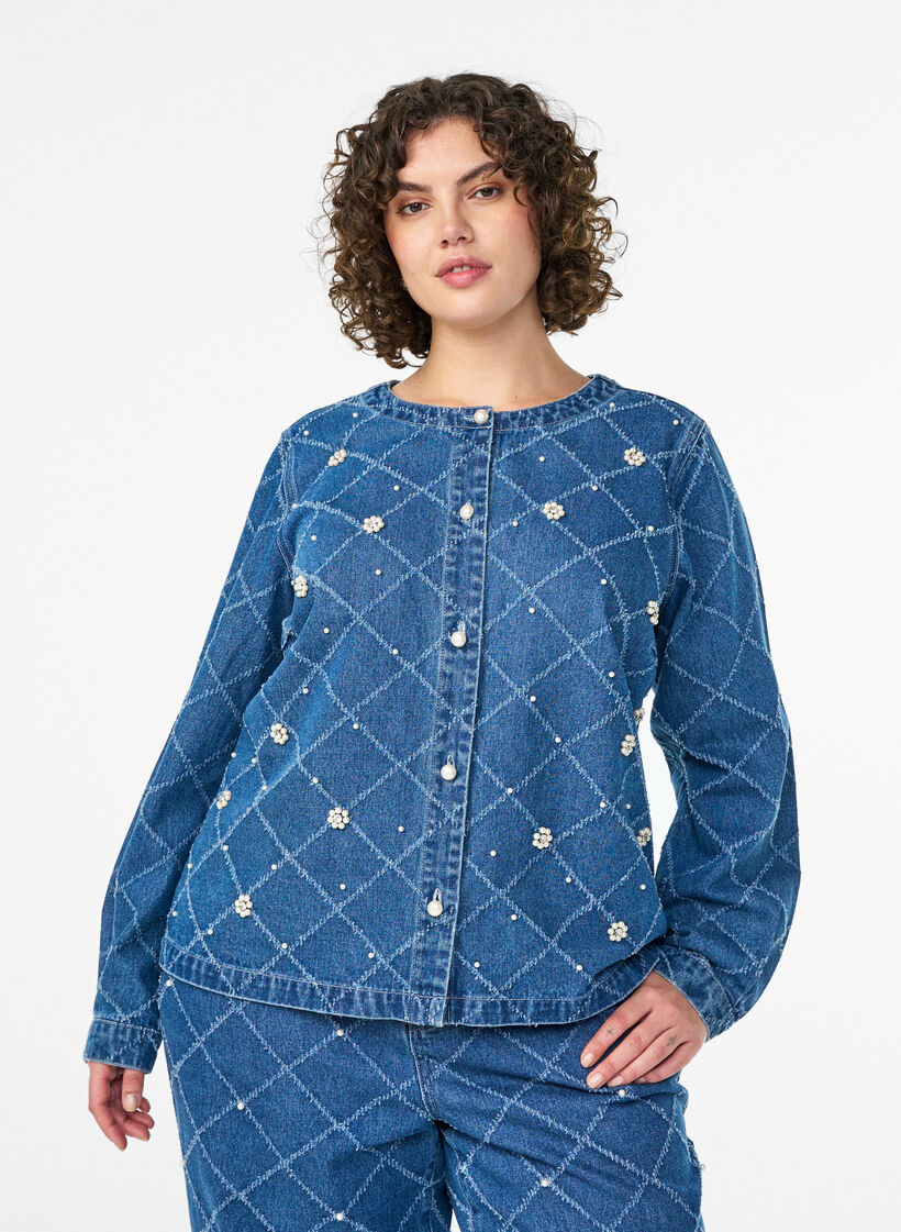 Denim blouse met destroyed patroon en pareldetails, Blauw, Model image number 0