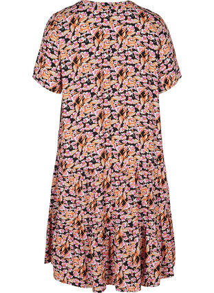 Viscose jurk met print en korte mouwen, Pink Flower on Black, Packshot image number 1