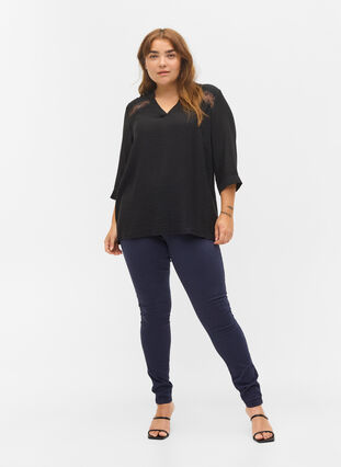 Viscose blouse met 3/4 mouwen en kant detail, Black, Model image number 2