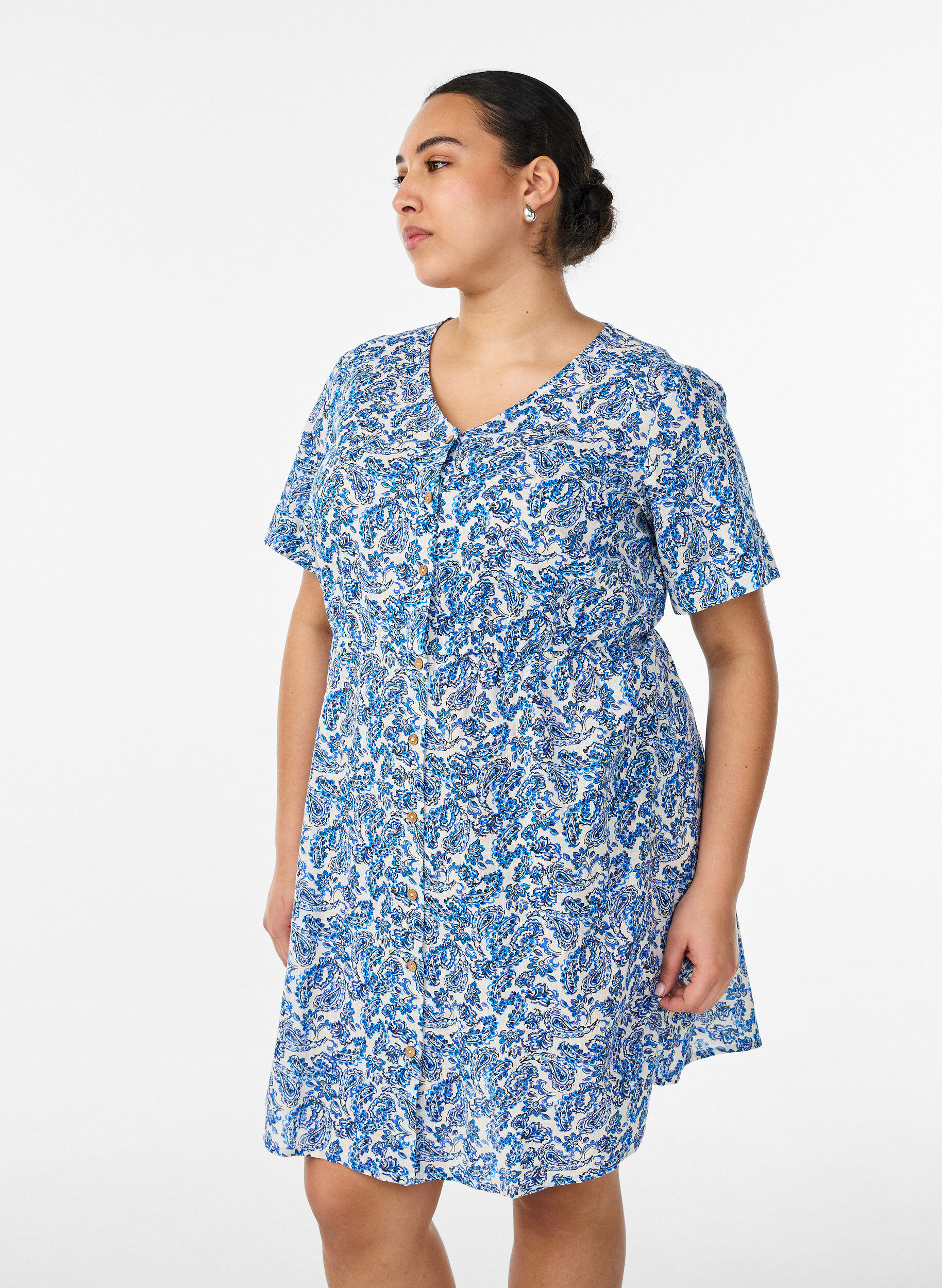 ZizziKorte katoenen jurk met bloemenprint, Blauw, Model image number 0