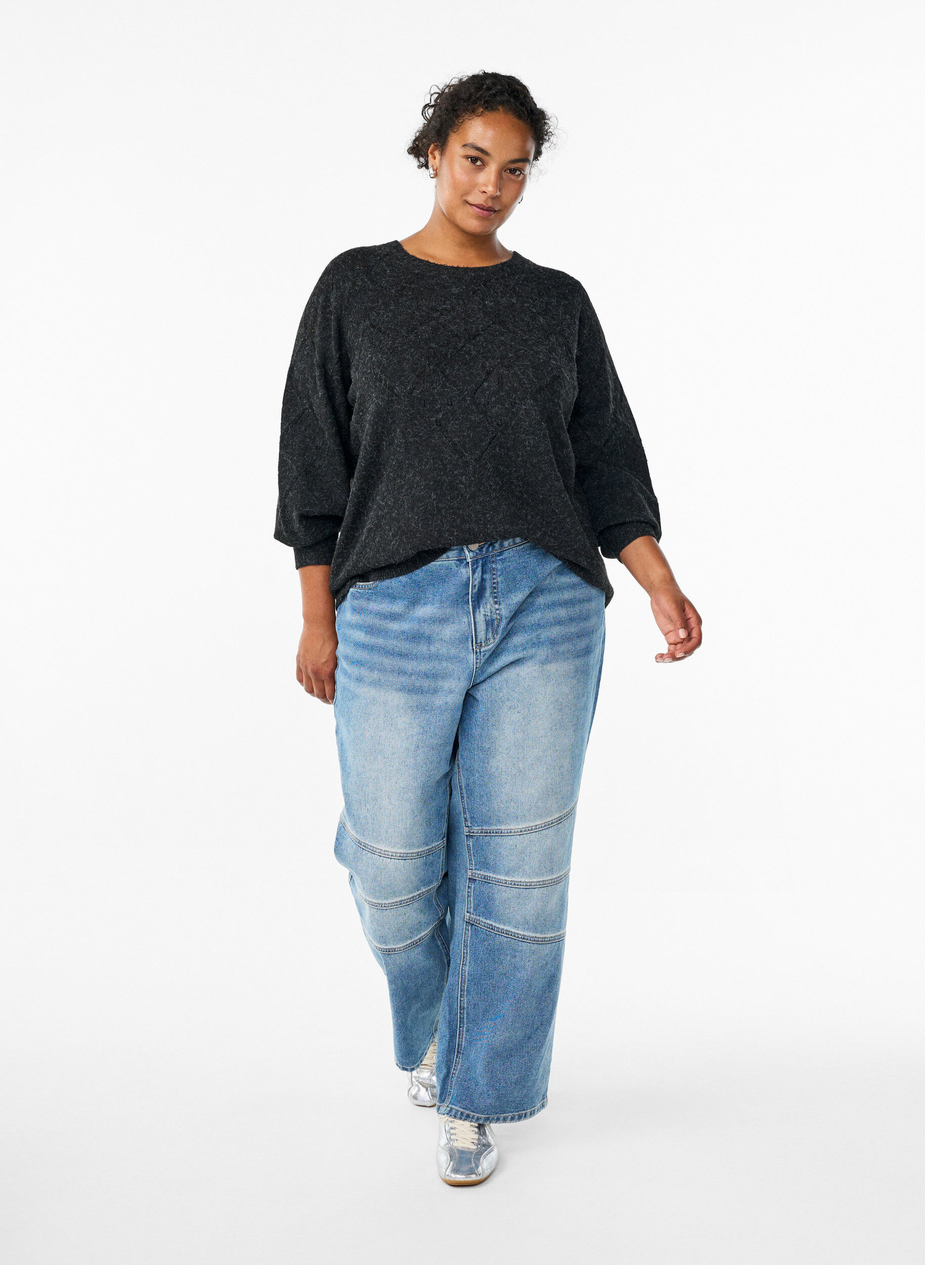 Zizzi Gebreide top met opengewerkt patroon en ballonnen mouwen, Grijs, Model image number 1