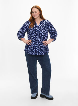 Gebloemde blouse met 3/4 mouwen, M. Blue Flower AOP, Model image number 2