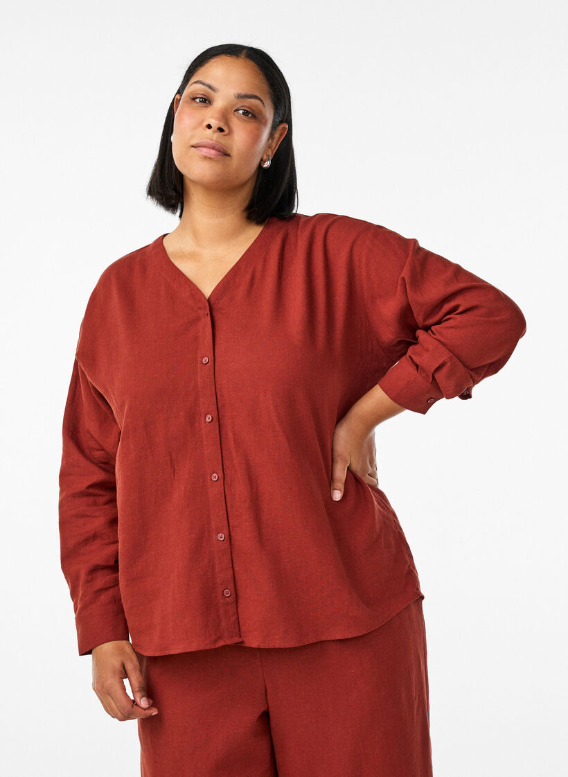 Blouse in linnen en viscose met V-hals, Rood, Model image number 0