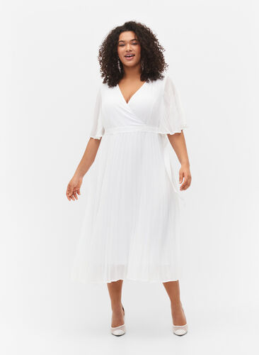 Geplooide midi jurk met korte mouwen, Star White, Model image number 0