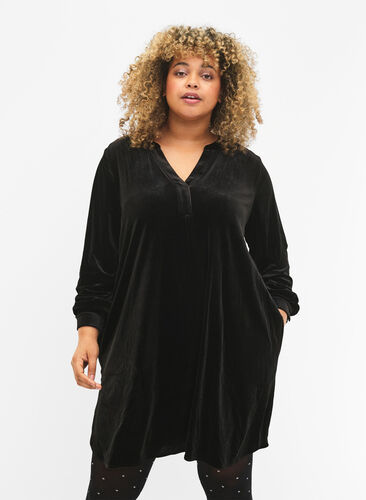  Velour jurk met lange mouwen en V-hals, Black, Model image number 0