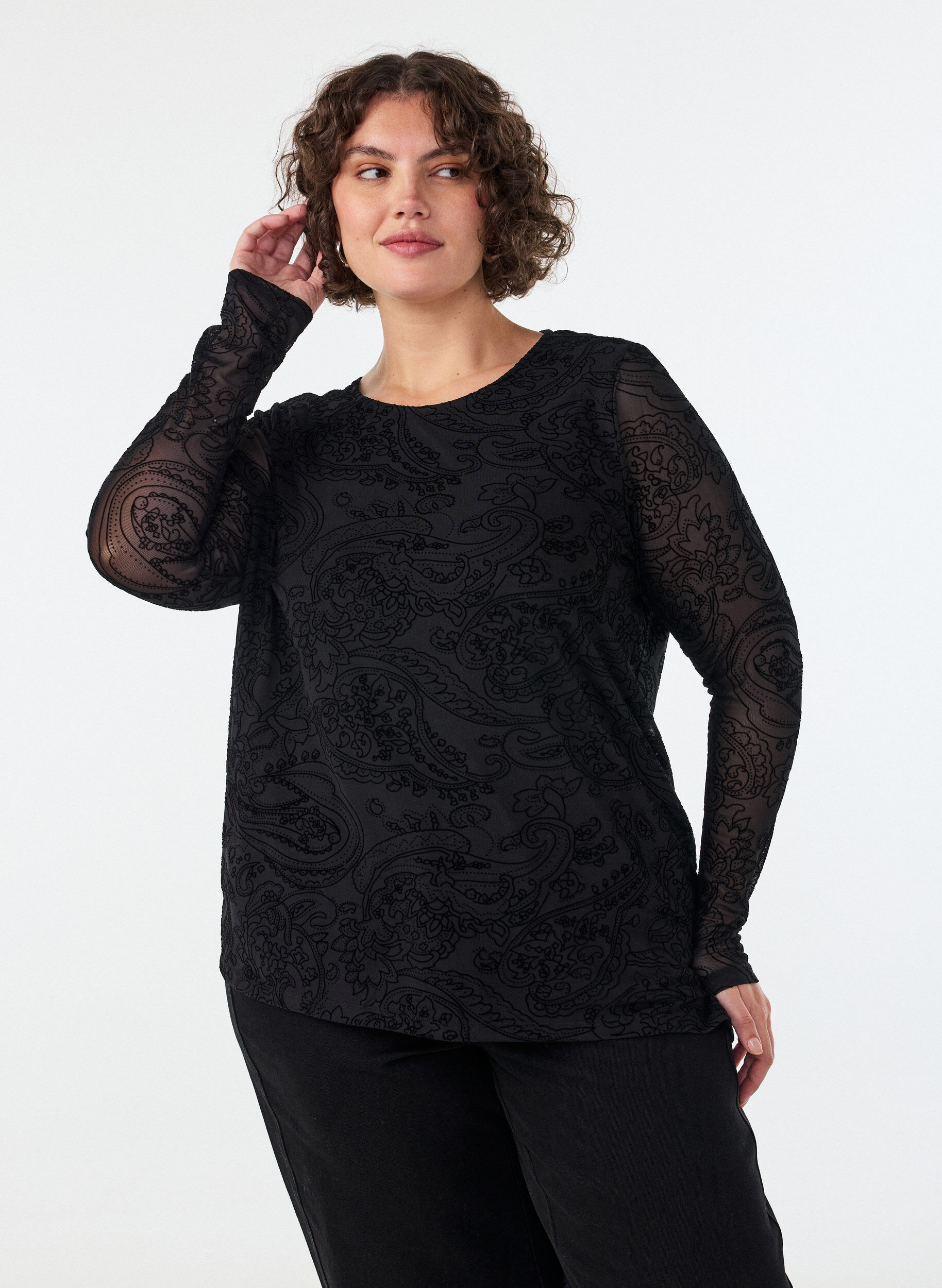 ZizziMesh blouse met paisleyprint en asymmetrische zoom, Zwart, Model image number 0