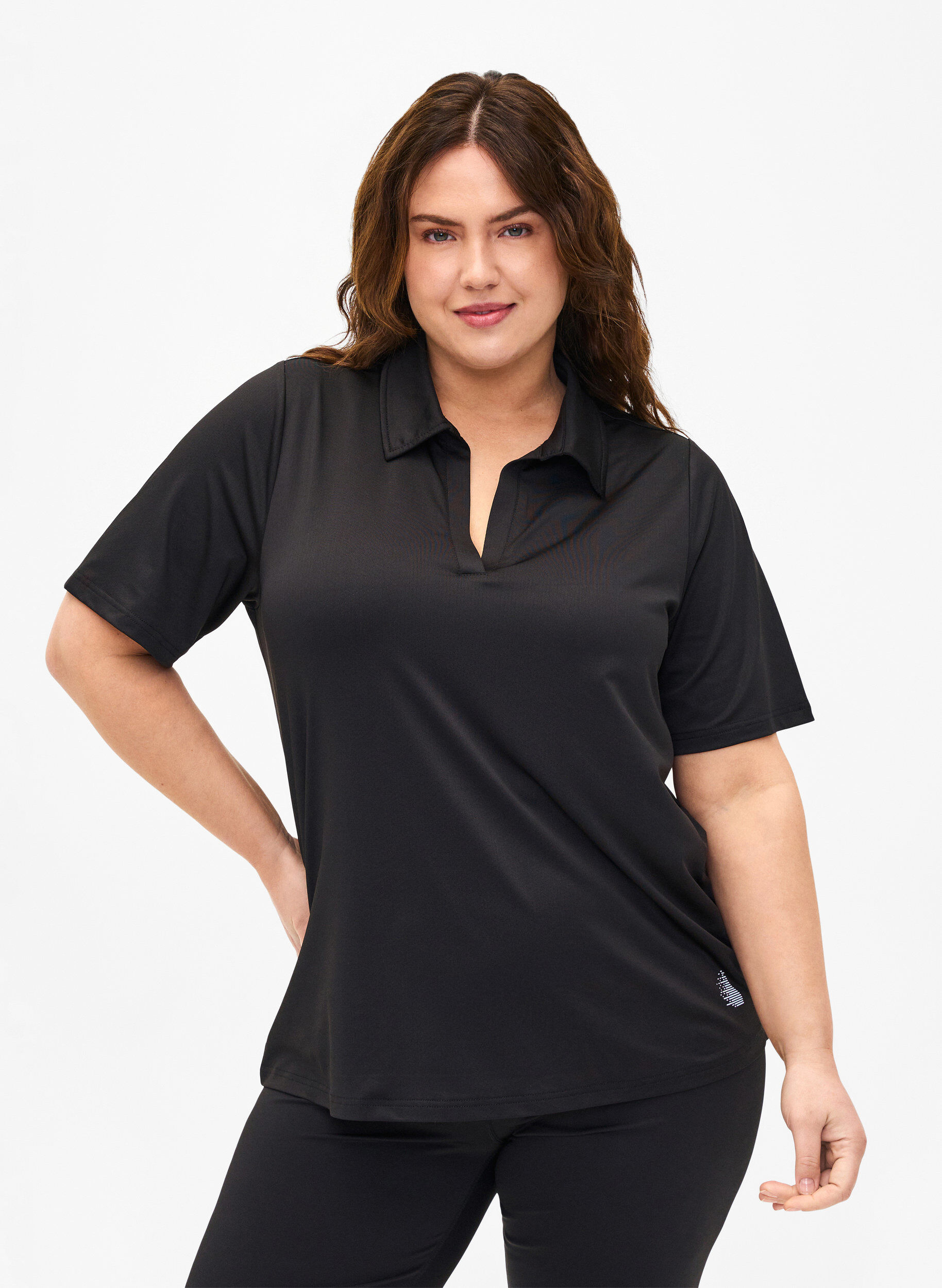 Zizzi Poloshirt met V-hals, Black, Model image number 0