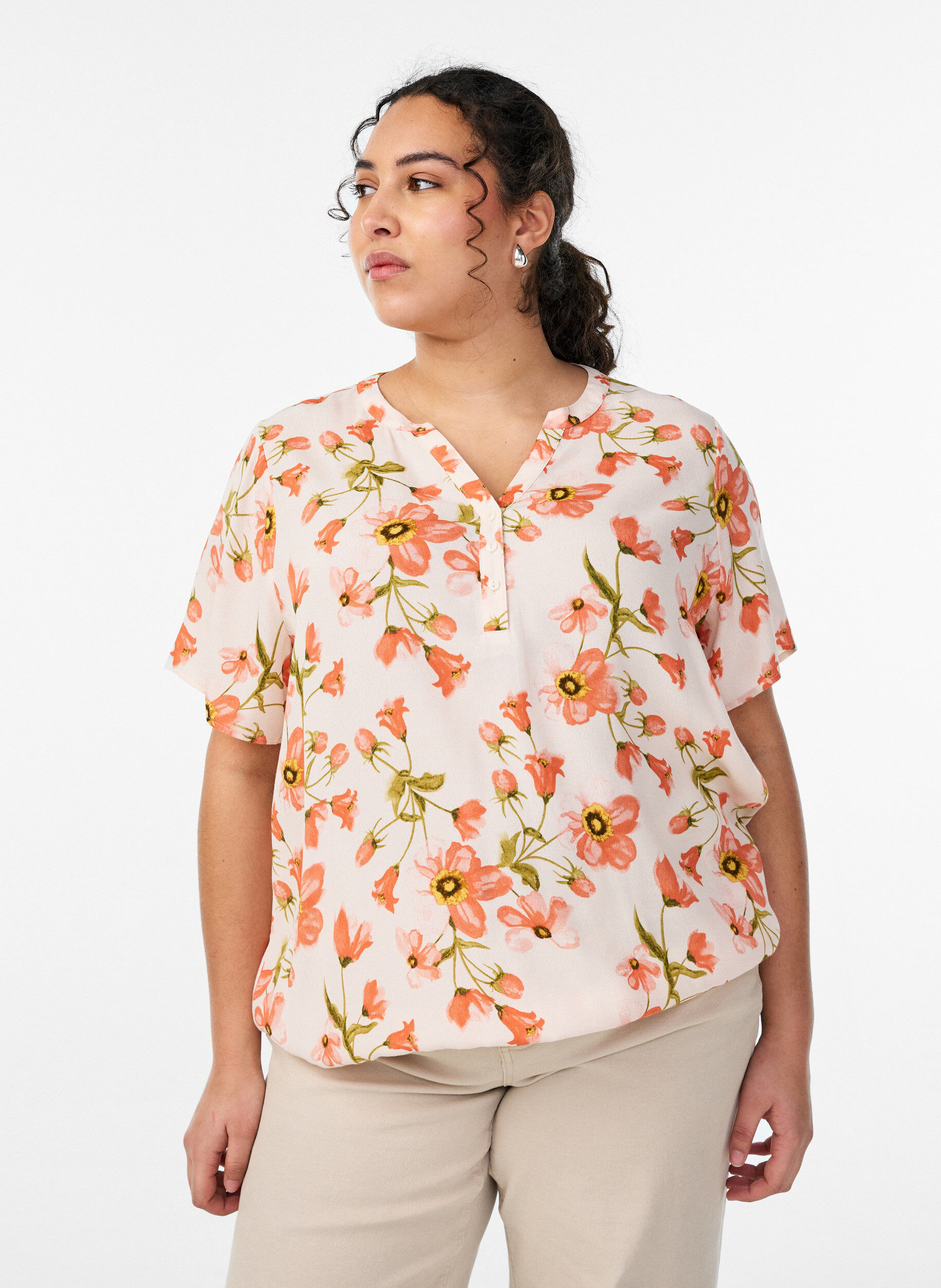 Viscose blouse met bloemenprint en korte mouwen, 9991, Model