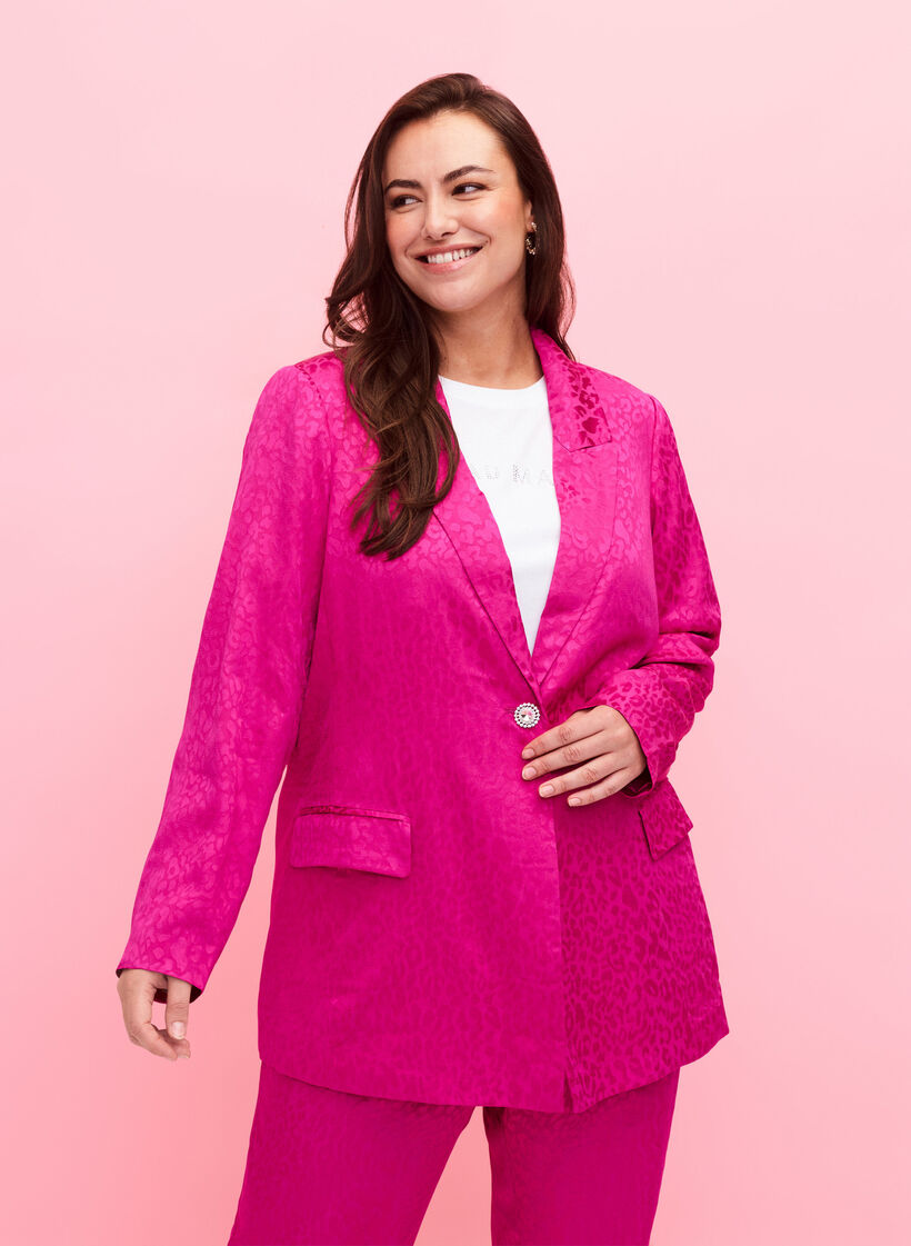 Dubbelgestikte jacquardblazer van viscose, Rose Violet, Model image number 0