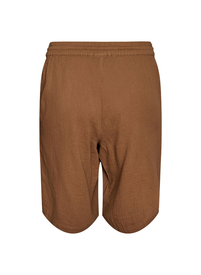 Los katoenen mousseline shorts met een hoge taille, Bruin, Packshot image number 1