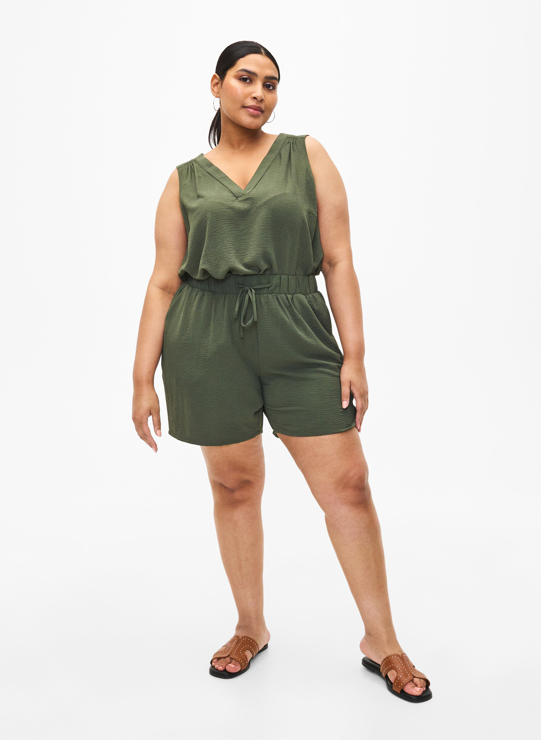 ZizziMouwloze top met kreukeffecten, Groen, Model image number 1