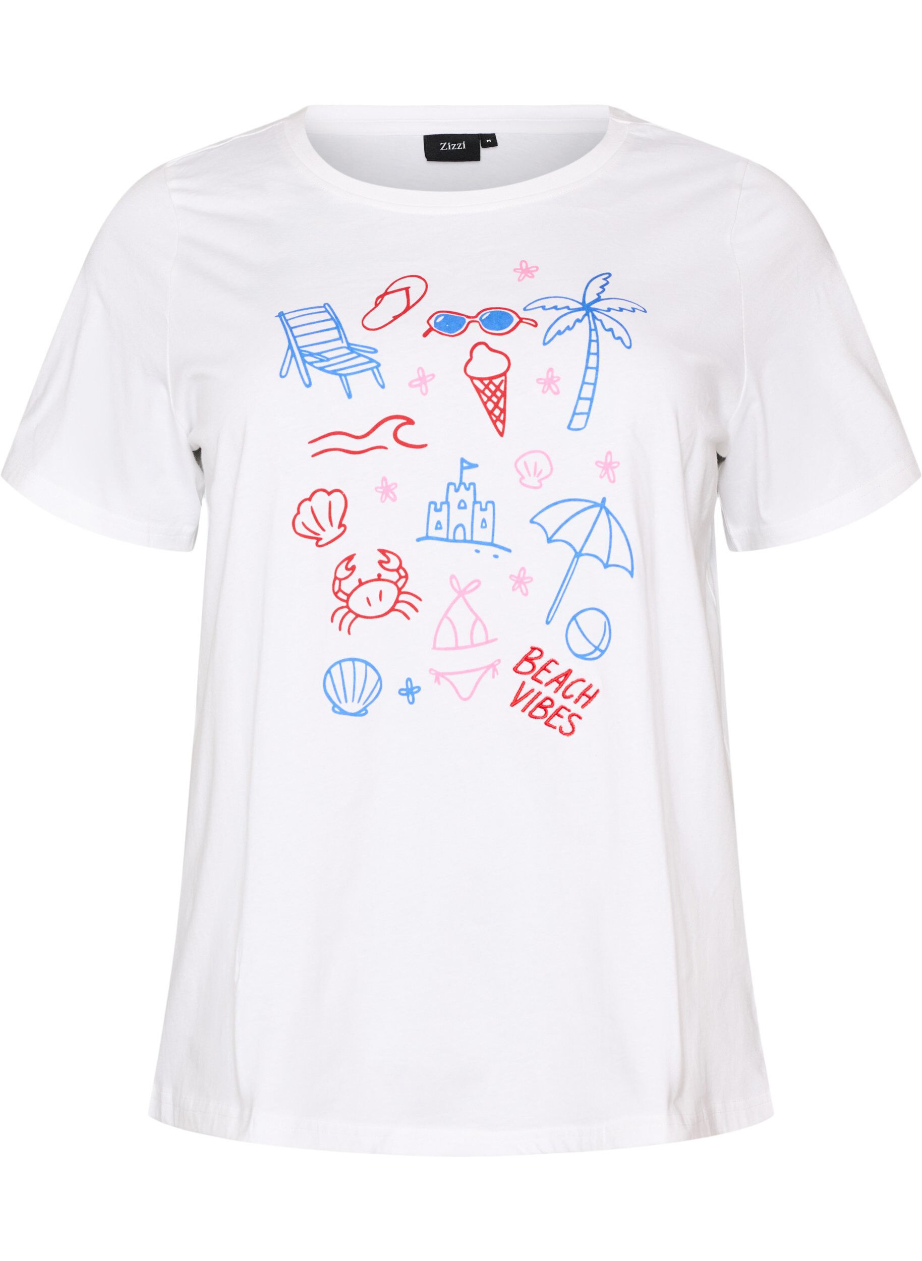 ZizziDit T-shirt van biologisch katoen met strandprint, Wit, Packshot image number 0