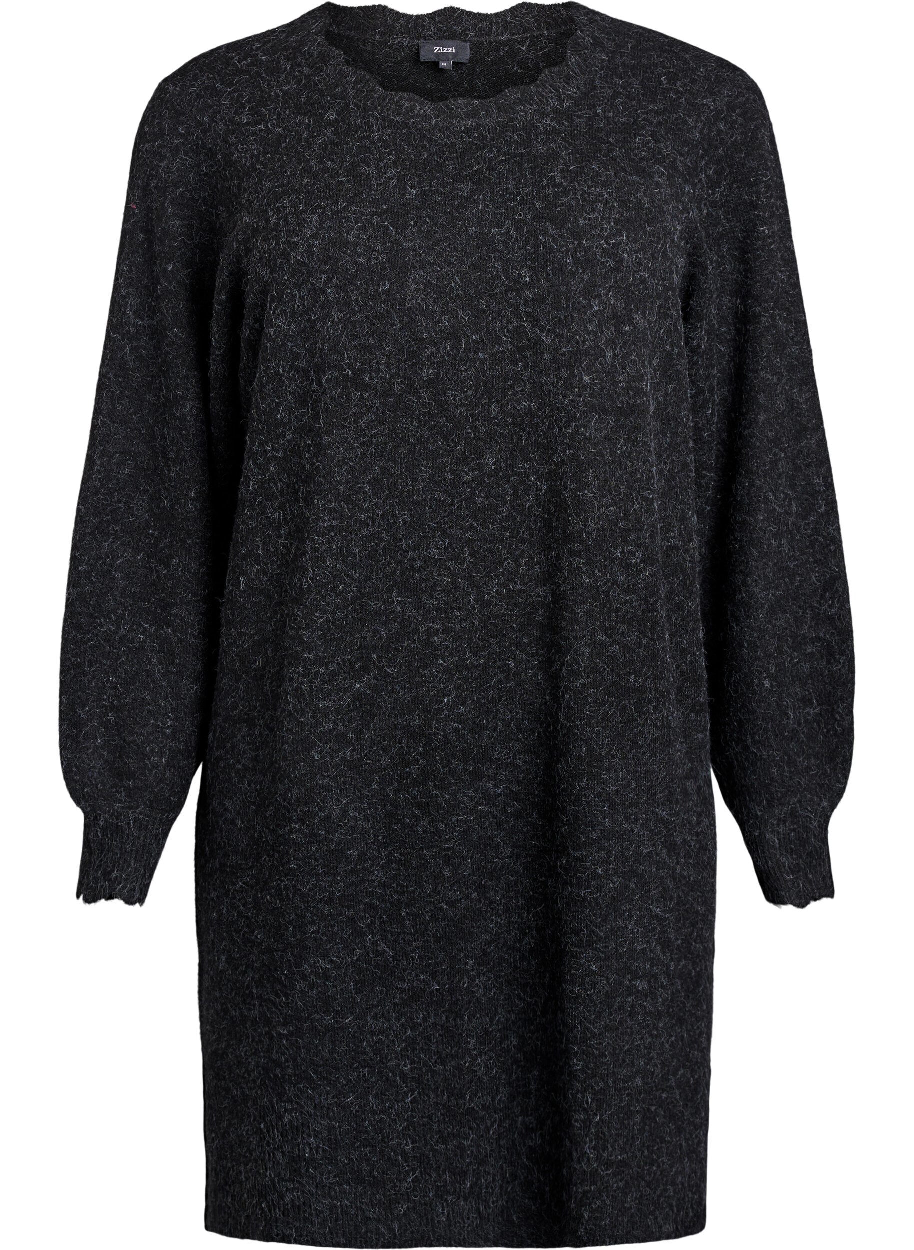 Zizzi Korte gebreide jurk met golvende zoom en splitjes, Grijs, Packshot image number 0