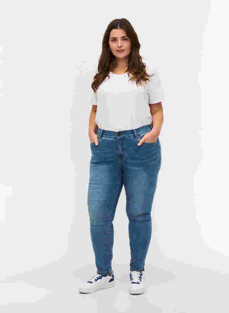 Cropped Amy jeans met hoge taille en strikje, Blue denim, Model image number 0
