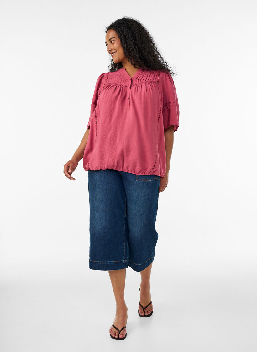 Viscose blouse met plooien en balloneffect, Roze, Model image number 1
