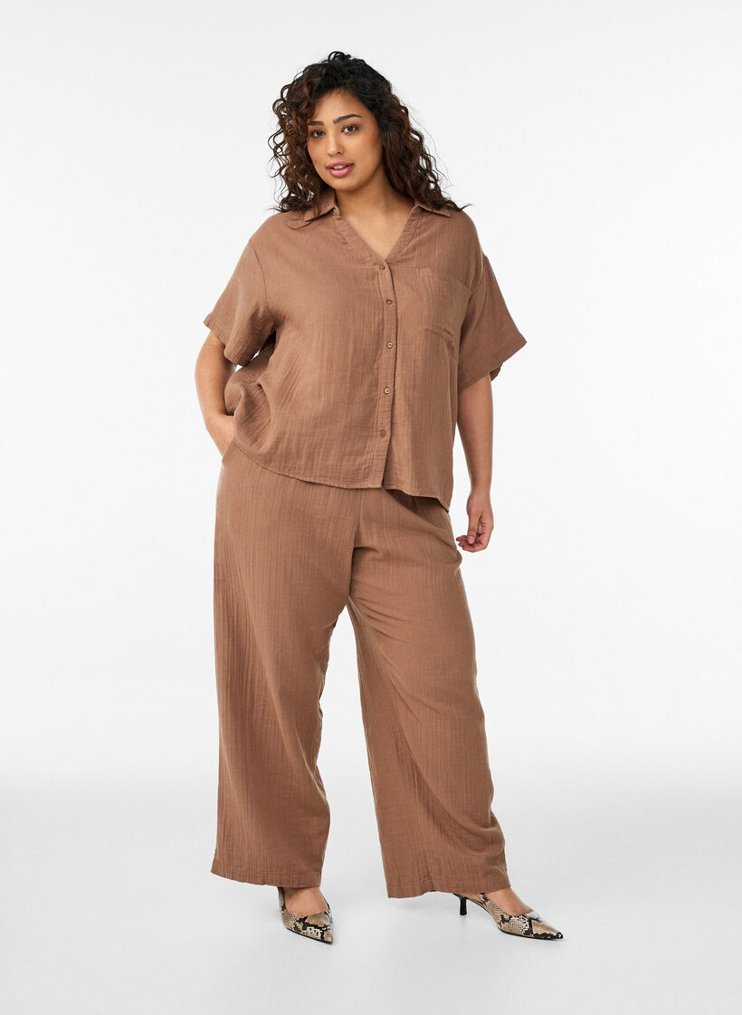 Katoenen mousseline blouse met korte mouwen, Bruin, Model