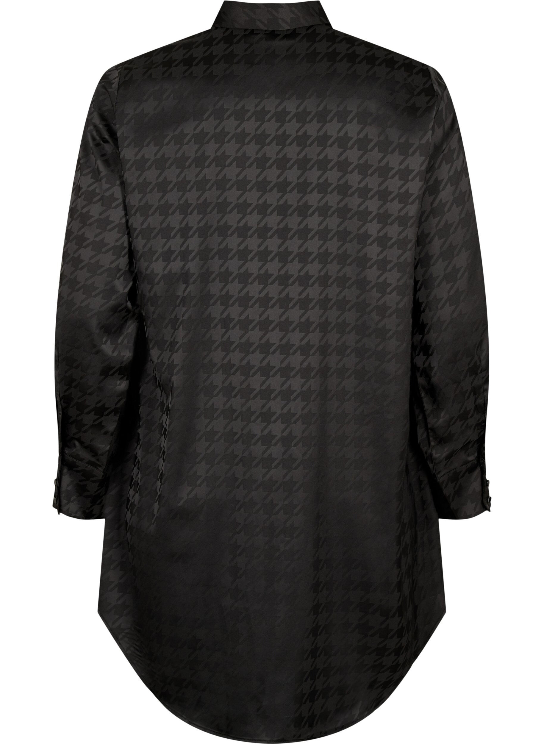 Zizzi Lang shirt met pied-de-poule patroon, Black, Packshot image number 1