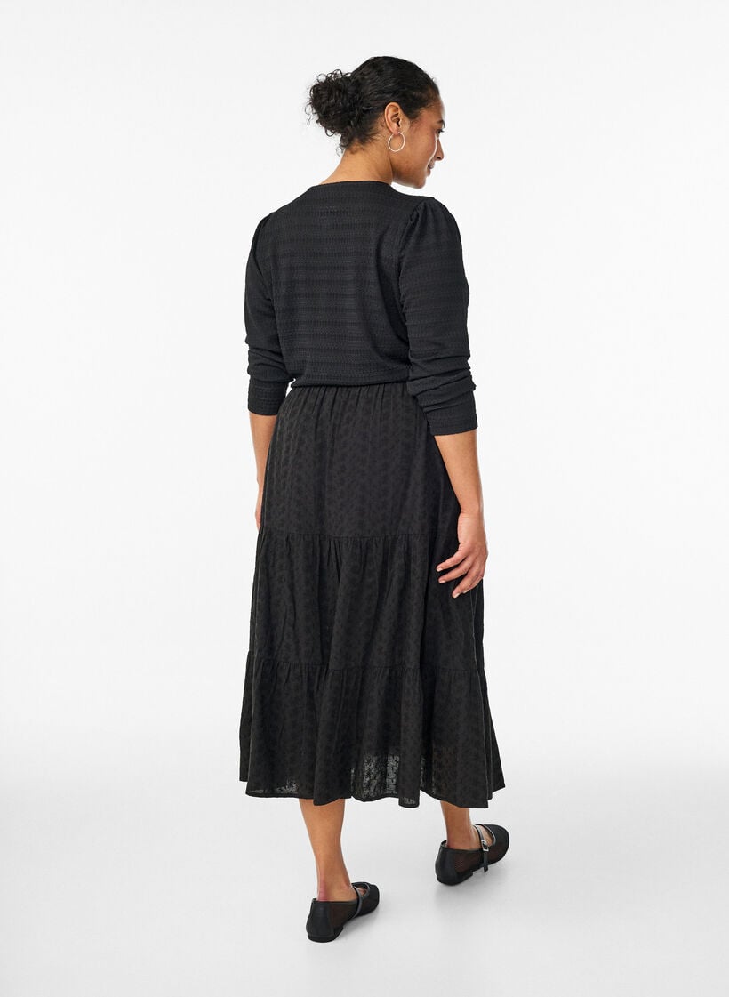 Enkellange katoenen rok met gesmokte taille, Zwart, Model image number 1