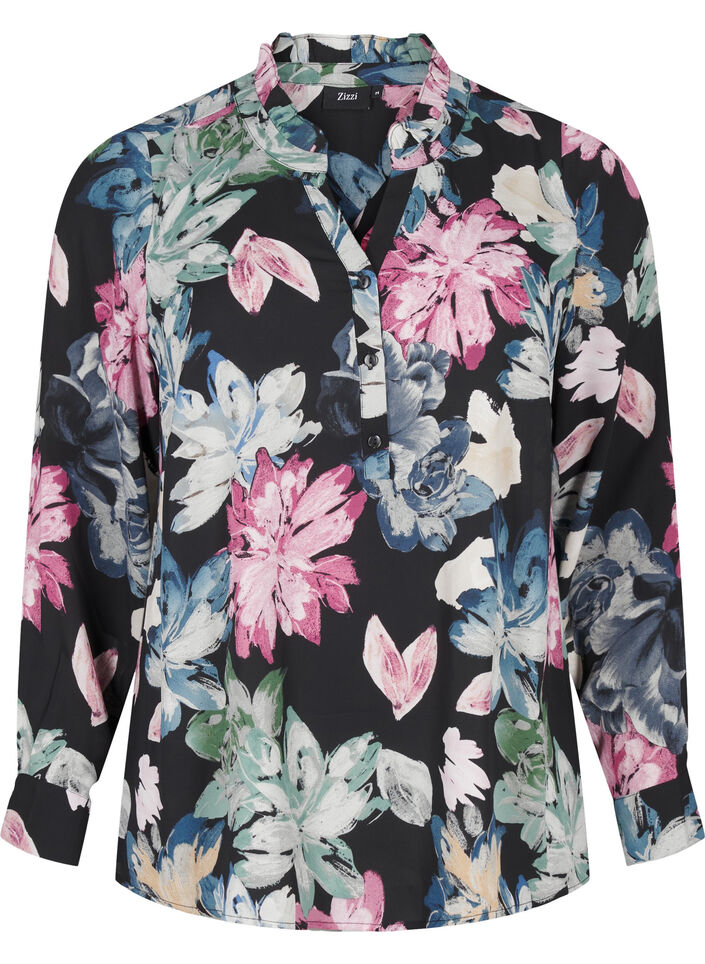 Blouse met lange mouwen en bloemenprint, Rose Flower AOP, Packshot image number 0