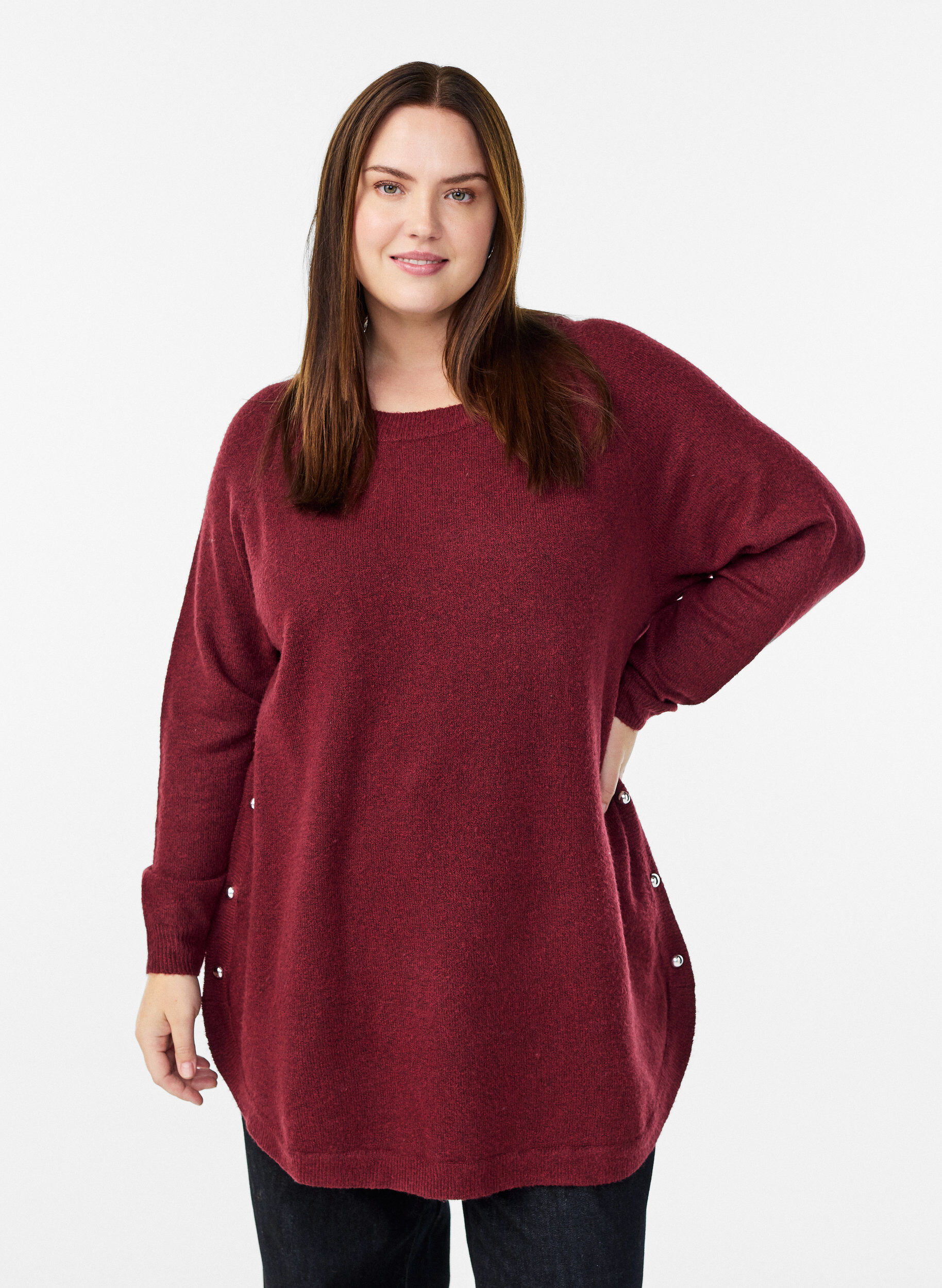 Lange gebreide blouse met balknopen, Donker Bordeaux, Model