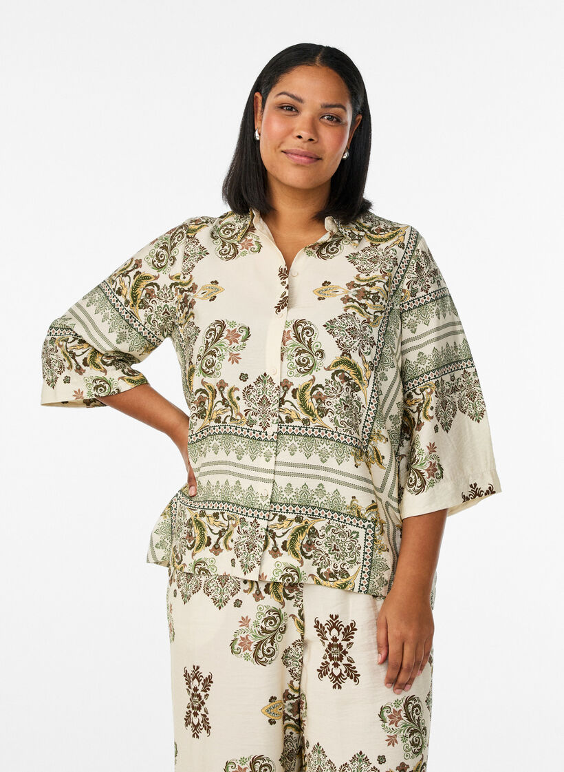 Viscose blouse met 3/4-mouwen en patroon, Groen, Model image number 0