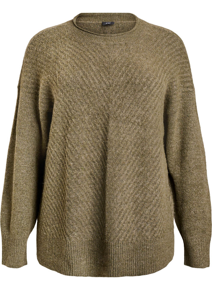 Gebreide blouse met V-vormig geribd patroon en zijsplitjes, Groen, Packshot image number 0