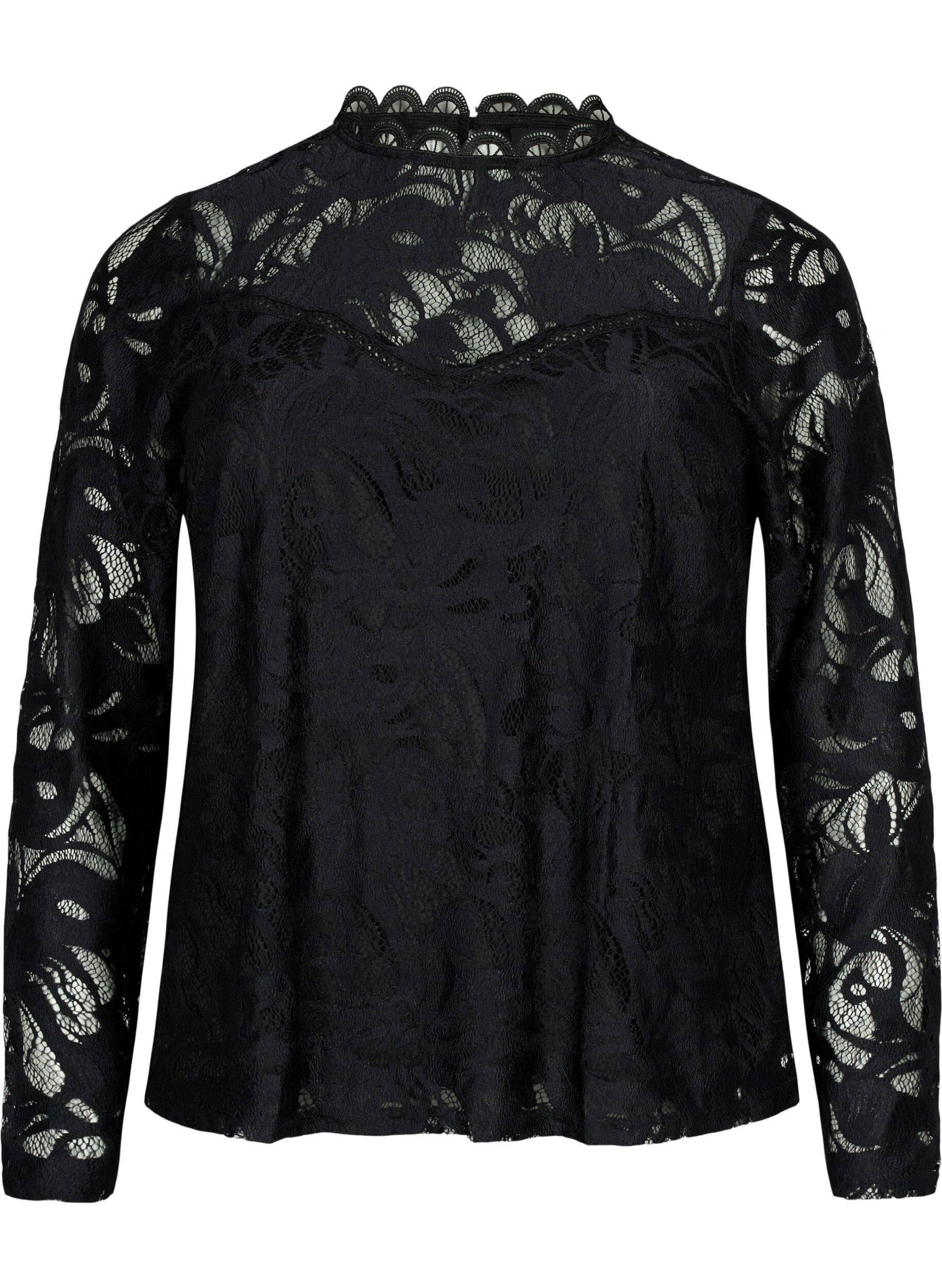 Zizzi Kanten blouse met lange mouwen, Black, Packshot image number 0