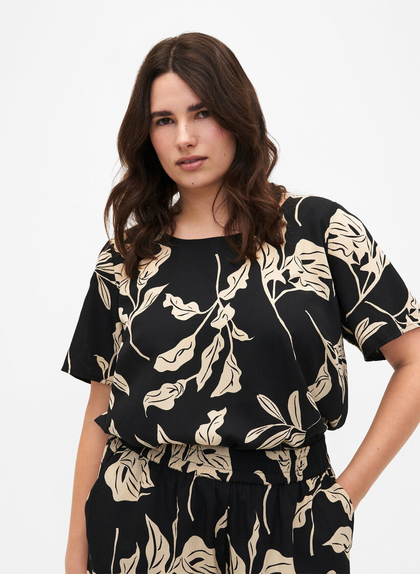 FLASH - Blouse met korte mouwen en print, Black Off White Fl., Model image number 0