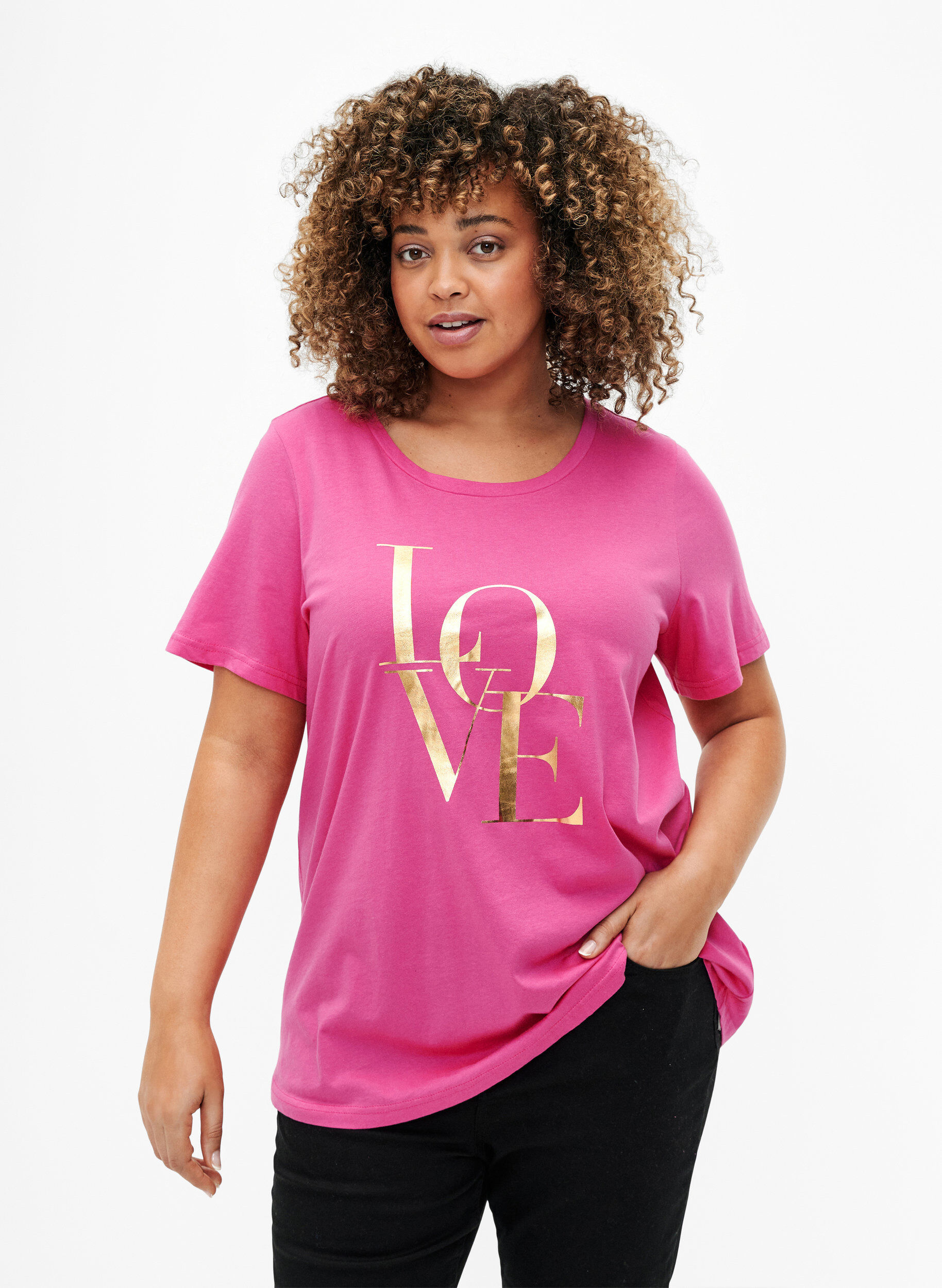Zizzi Katoenen T-shirt met goudkleurige tekst, R.Sorbet w.Gold Love, Model image number 0