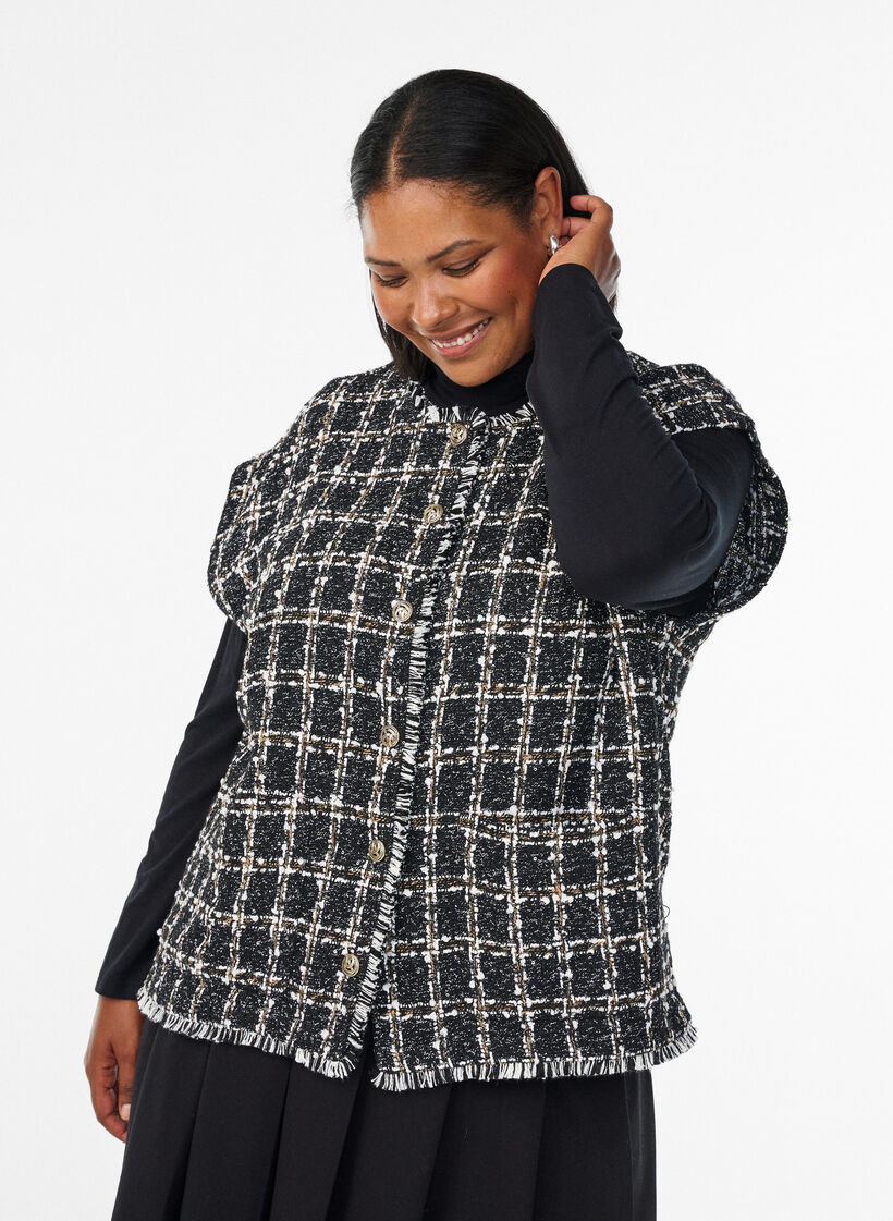 Geruite gilet met decoratieve knopen, Zwart, Model image number 0