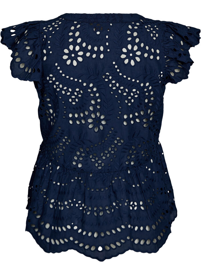 Mouwloze blouse met broderie anglaise en ruches, Blauw, Packshot image number 1