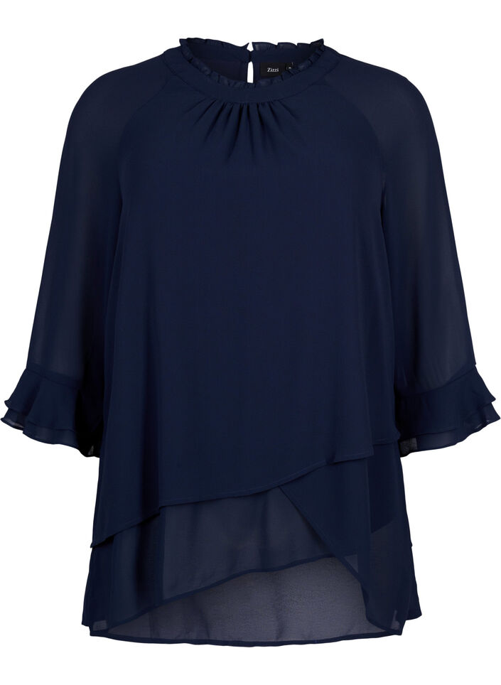 Blouse met asymmetrische onderkant en 3/4 mouwen, Navy Blazer, Packshot image number 0