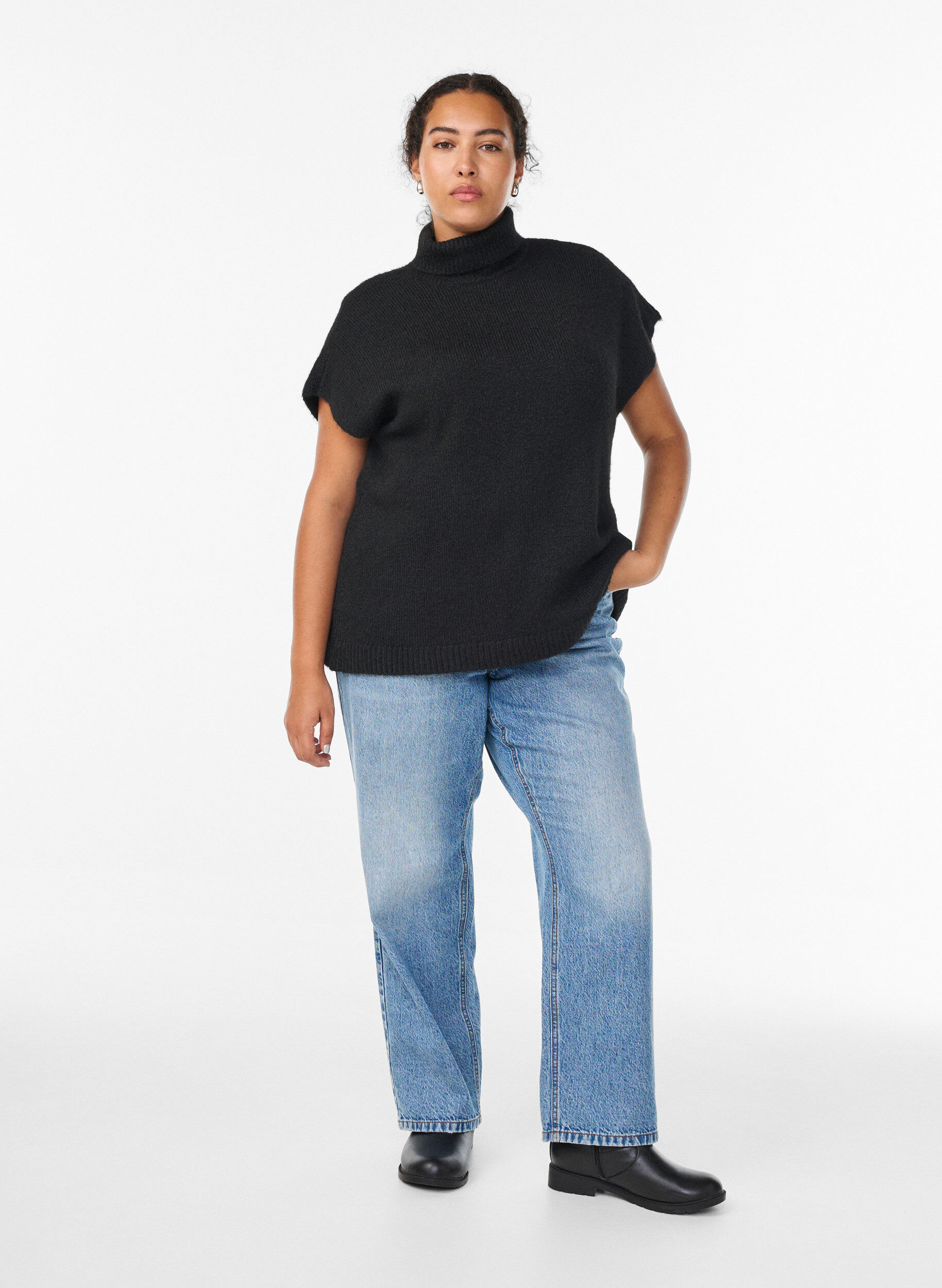 Zizzi Mouwloos gebreid vest met col, Zwart, Model image number 1