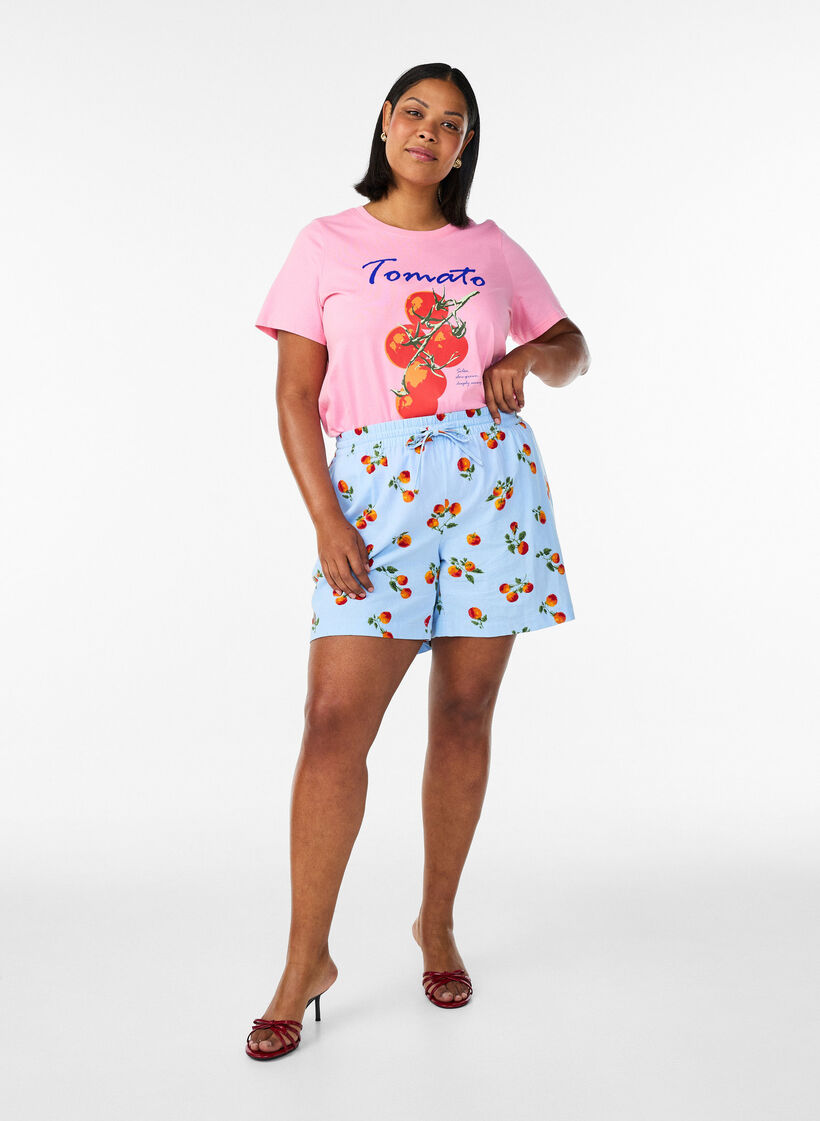 T-shirt van biologisch katoen met tomatenprint, Roze, Model