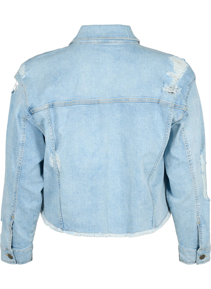 Kort spijkerjasje met distressing details, Light Blue Denim, Packshot image number 1