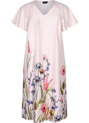 Midi-jurk met bloemenprint en korte mouwen, White Sand, Packshot image number 0