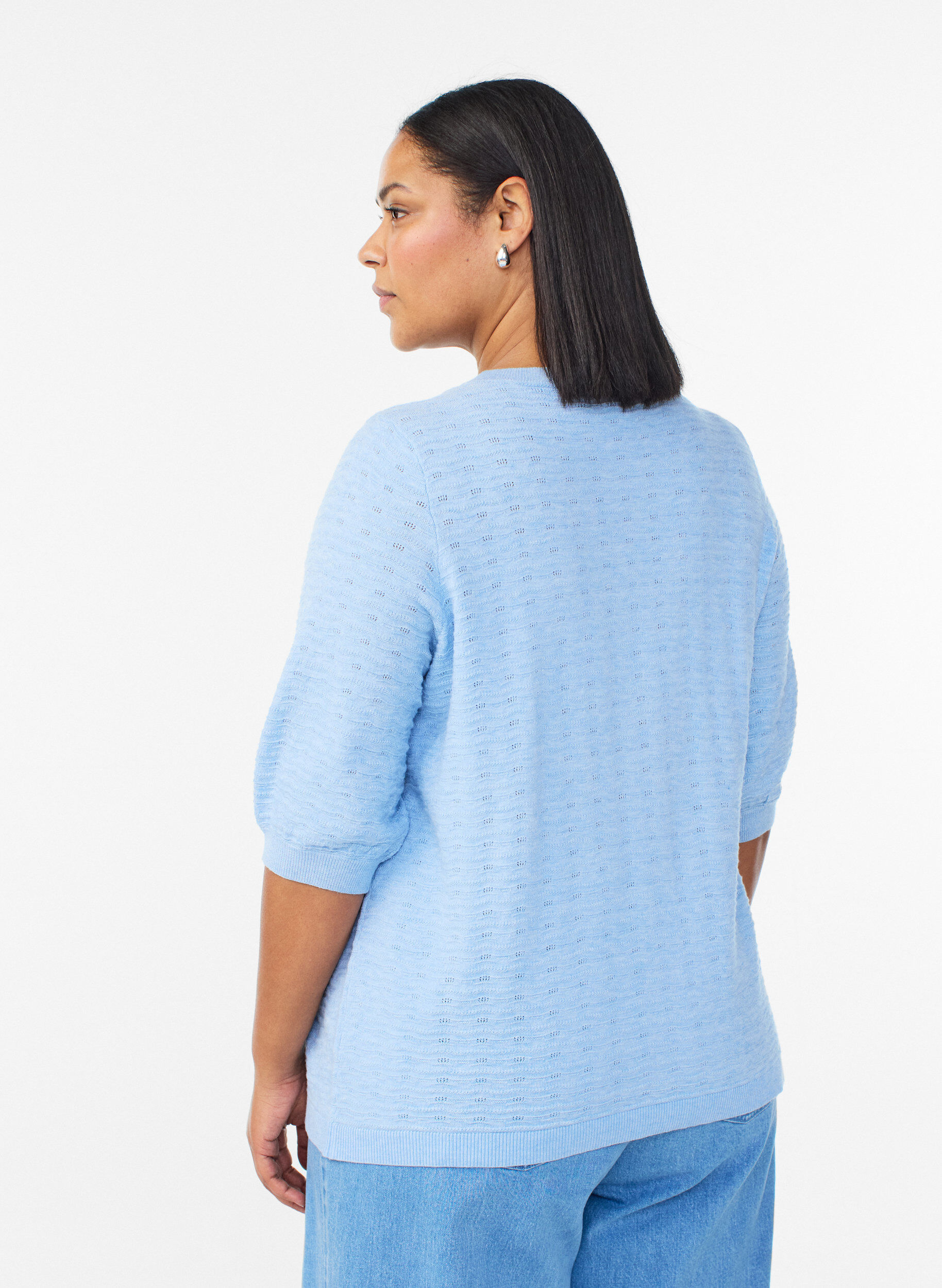 Zizzi Gebreide blouse met structuurpatroon en korte mouwen, Blauw, Model image number 2