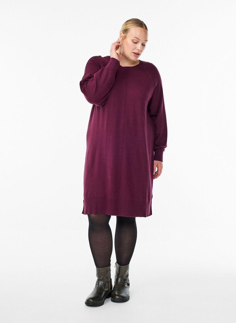 Korte gebreide jurk met raglanmouwen en een middennaad, Rood, Model image number 1