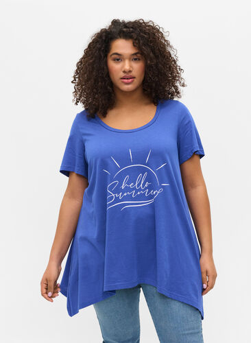 Katoenen t-shirt met korte mouwen en a-lijn, Dazzling Blue HELLO , Model image number 0
