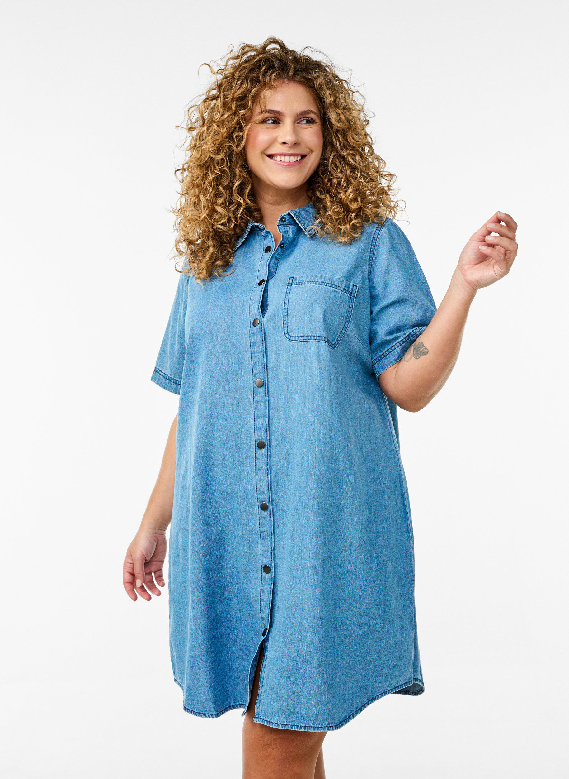 Denim shirtjurk met korte mouwen, Blauw, Model