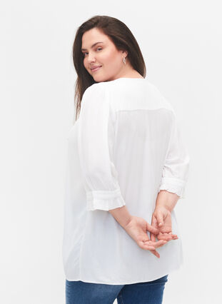 Viscose blouse met 3/4 mouwen en ruches, Bright White, Model image number 1