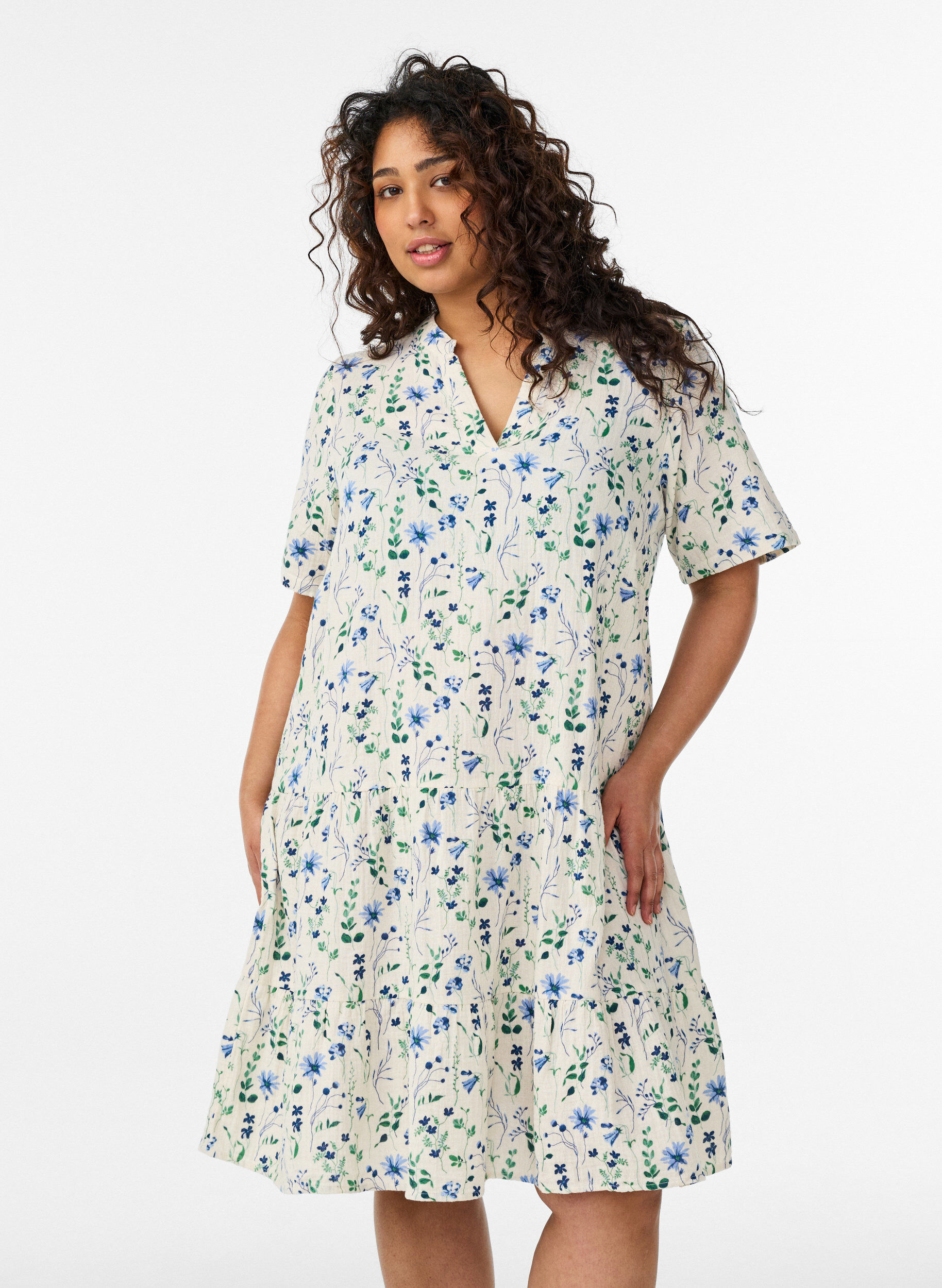 ZizziKorte A-lijn jurk in katoenen mousseline, Beige, Model image number 0