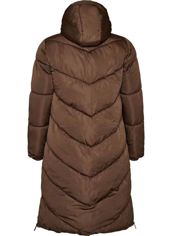 Lange pufferjas met capuchon en zakken, Bruin, Packshot image number 1