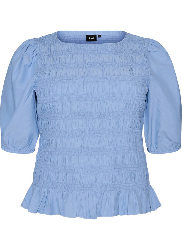 Smock blouse met volantzoom en boothals, Blauw, Packshot image number 0