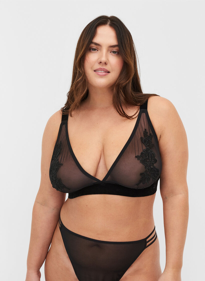 Mesh bh met velours en kant, Black, Model image number 0