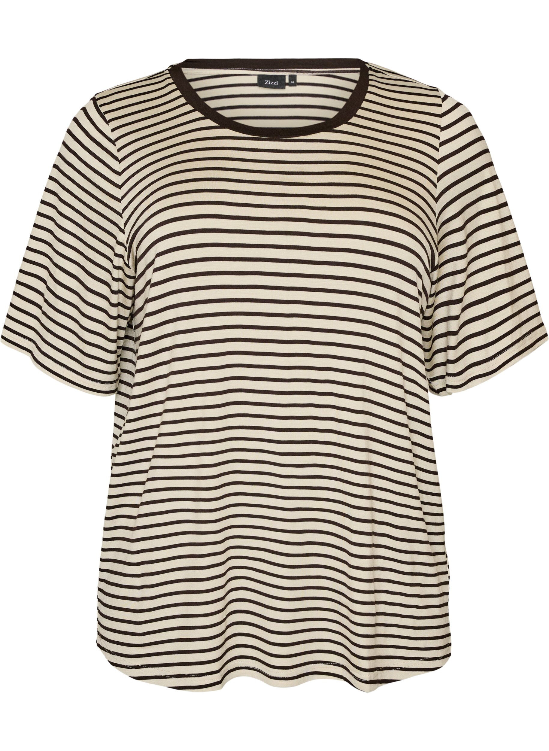 ZizziT-shirt met TENCEL&trade; Lyocell en strepen, Bruin, Packshot image number 0