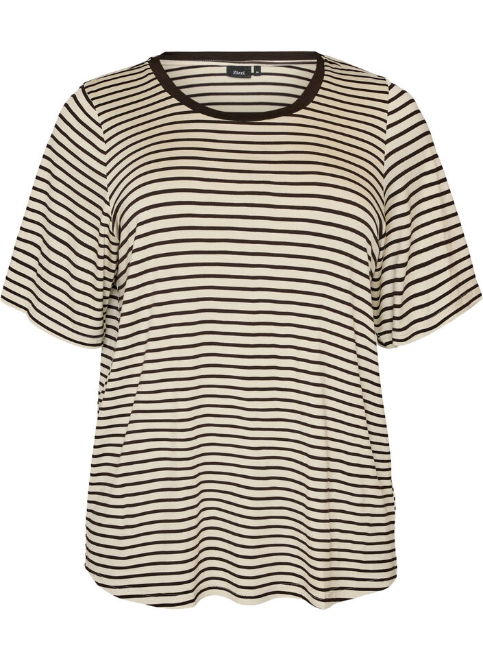 T-shirt met TENCEL&trade; Lyocell en strepen, Bruin, Packshot image number 0