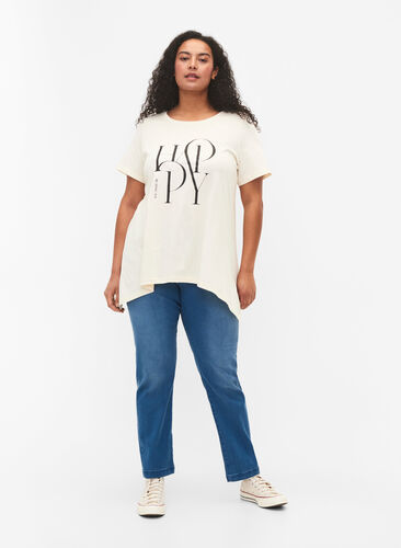 T-shirt van katoen met tekstopdruk, Buttercream HAPPY, Model image number 2